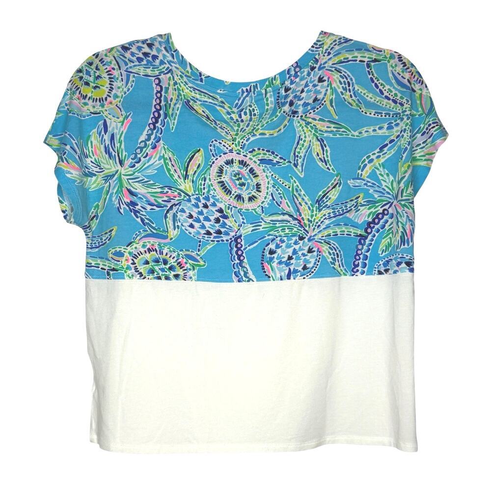 Lilly Pulitzer Finn cropped short sleeve top Bermuda blue turtle Szn print | EUC